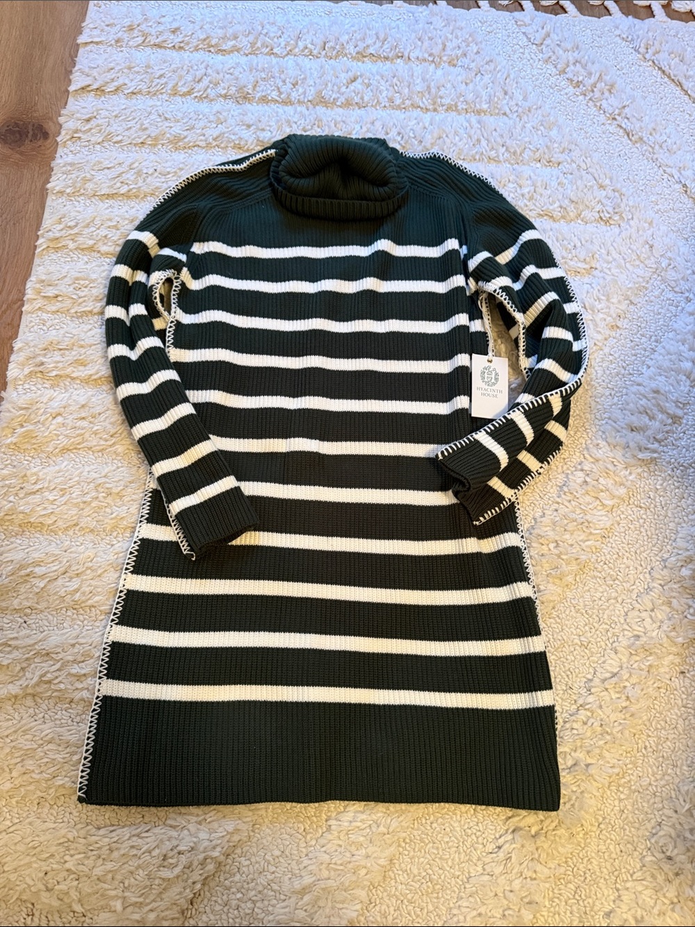 Striped Turtleneck Sweater Dress in Dark Green and White